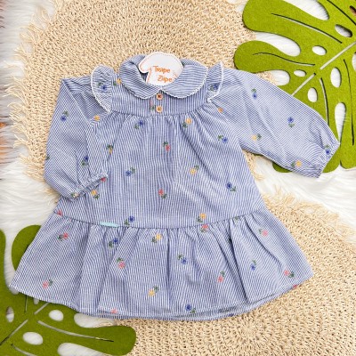 Vestido Listrado Manga Longa com Florzinhas - Azul